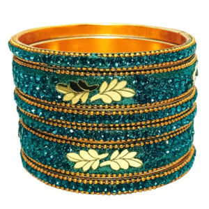 Suhana Bangles™ Peacock Green CZ Leaf Design Gold-Plated Bangle Set (6 Pcs)