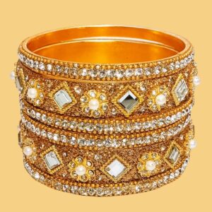 Suhana Bangles Gold Finish Cubic Zirconia & Glass Stone Flower Bangles Set for Women (Set of 6) | Handmade Partywear, Wedding & Ethnic Bangles